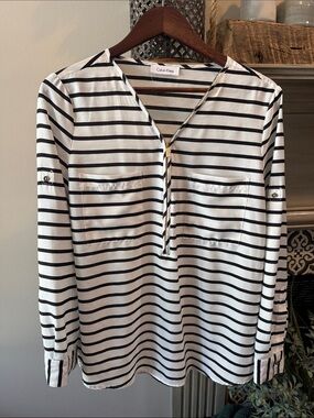 Calvin Klein Black and White Striped Zip Front Long Sleeve Top